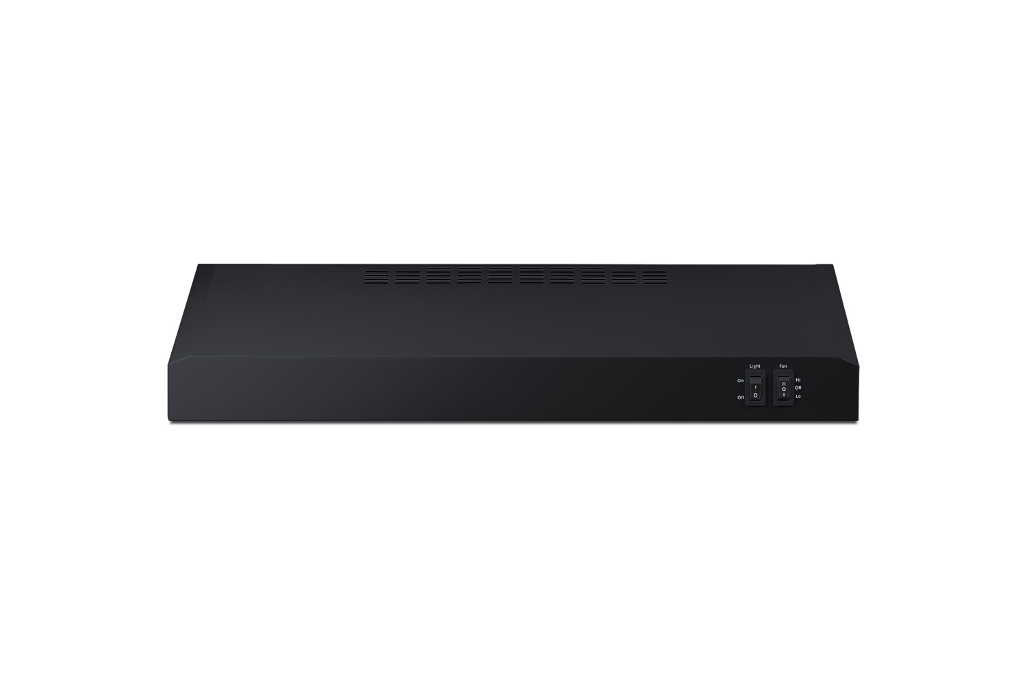 24 inch wide ADA compliant under cabinet convertible range hood for ducted or ductless use in black, made in North America with a remote wall switch